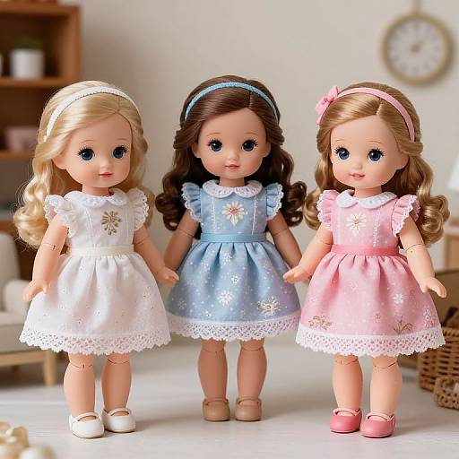 Photograph of three Barbie dolls with curly hair, wearing floral dresses in white, blue, and pink, standing in a brightly lit room.