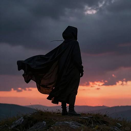 Silhouetted figure in a hooded cloak stands on a grassy hill at sunset, with dramatic, dark clouds and a vibrant orange sky in
