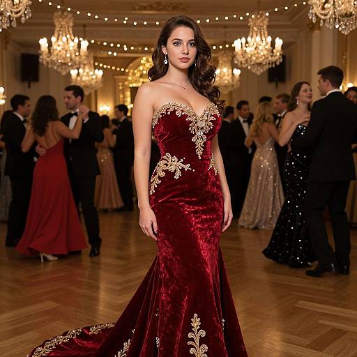 Photograph of a beautiful woman with long brown hair in a deep red velvet gown with gold embroidery, standing in a grand ballroom with chandeliers