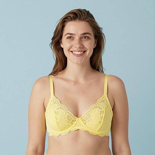 Smiling Woman in Yellow Lace Bra