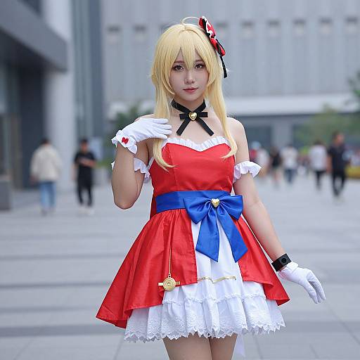 Photograph of an Asian woman in a vibrant red and white cosplay dress with blue ribbon, white gloves, and blonde hair, standing in a modern urban