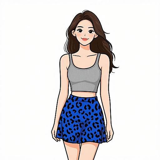 Digital illustration of a smiling young woman with long brown hair, wearing a gray crop top and blue leopard-print skirt, standing against a plain white background.