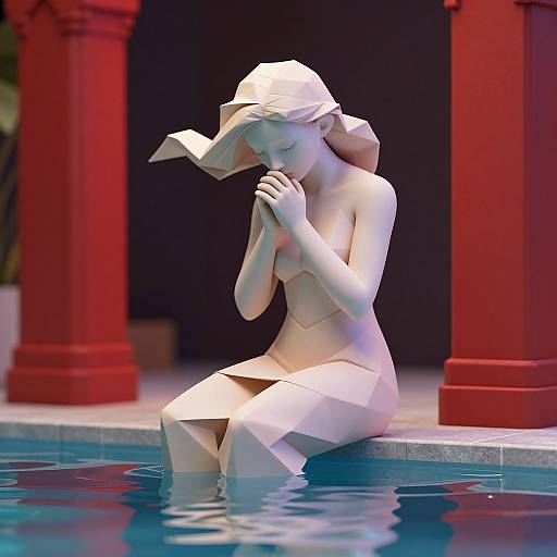 Digital 3D sculpture of a nude, fair-skinned woman with a wide-brimmed hat, sitting in a blue pool, hands to face