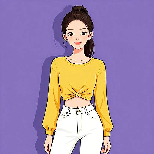 Digital illustration of an Asian woman with fair skin, black hair in a bun, wearing a yellow long-sleeve crop top and white high-wa