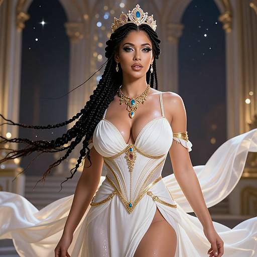 Digital artwork of a regal Black woman with long braids, wearing a white, gold-accented gown, blue gemstone necklace, and ti