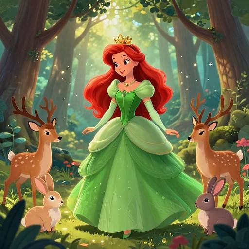 Digital illustration of a red-haired princess in a green gown, crowned, surrounded by two deer and a rabbit in a sunlit forest.