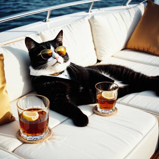Cat Relaxing on Yacht with Sunglasses and Whiskey