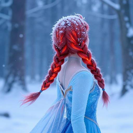 Photograph of a woman with red braided hair, wearing a blue, snow-covered dress, facing away in a snowy forest. Bright, vivid colors