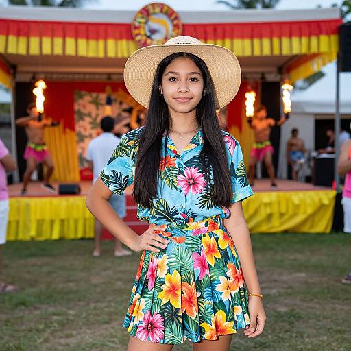 Photograph of a young Asian woman with long black hair, wearing a colorful floral dress, straw hat, standing in front of a lively carnival booth with