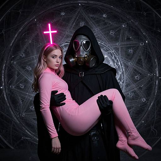 Photograph-style digital image of a masked figure in black cloak holding a blonde woman in pink bodysuit with neon cross halo. Dark, mystical background