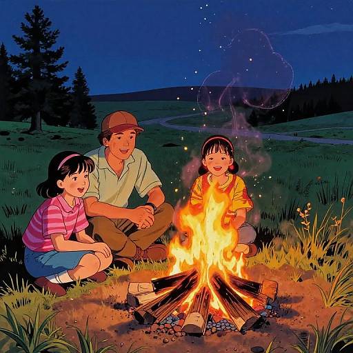 Digital illustration of a smiling father and two children sitting by a nighttime campfire, with a starry sky and trees in the background.