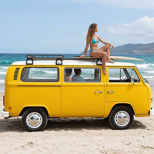Vintage Yellow Van Beach Scene