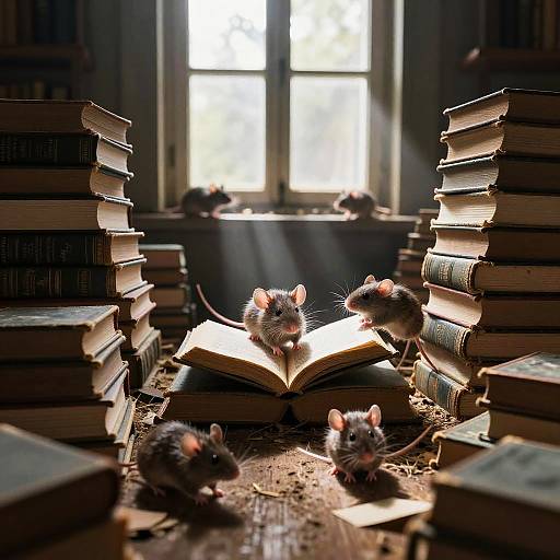 Photograph of five mice surrounding an open book on a wooden floor, surrounded by stacked books, with sunlight streaming through a window.