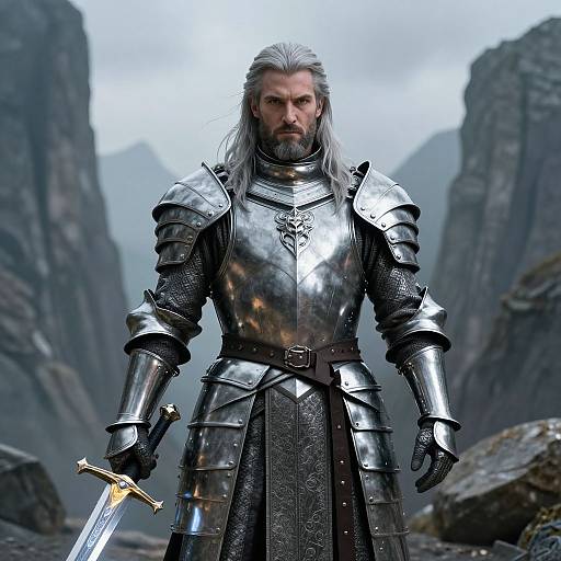 Photorealistic CGI of a stern, bearded man in silver armor with long white hair, holding a sword, standing in a rocky mountain landscape.
