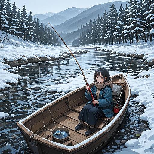 Girl Fishing on Snowy River in Boat