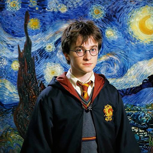 Photograph of a young man with glasses, brown hair, and round face, wearing a Hogwarts robe, set against a swirling blue and yellow Van G