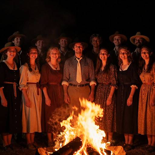 Group of People in 18th-Century Clothing Around Campfire