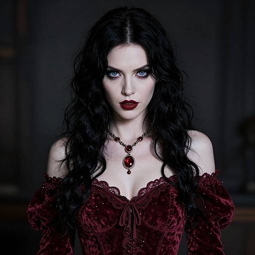 Photograph of a pale-skinned woman with long, wavy black hair, wearing a deep red, off-shoulder velvet dress and black ch