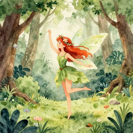 Watercolor illustration of a red-haired fairy with yellow wings, wearing a green leaf dress, dancing in a sunlit forest.