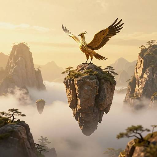 Golden Hour Floating Mountains with Mythical Bird