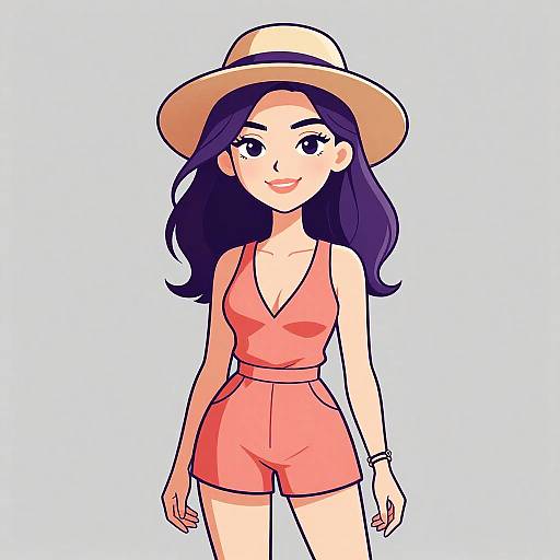 Digital anime-style drawing of a smiling woman with long purple hair, wearing a beige sun hat, pink V-neck romper, and shorts.