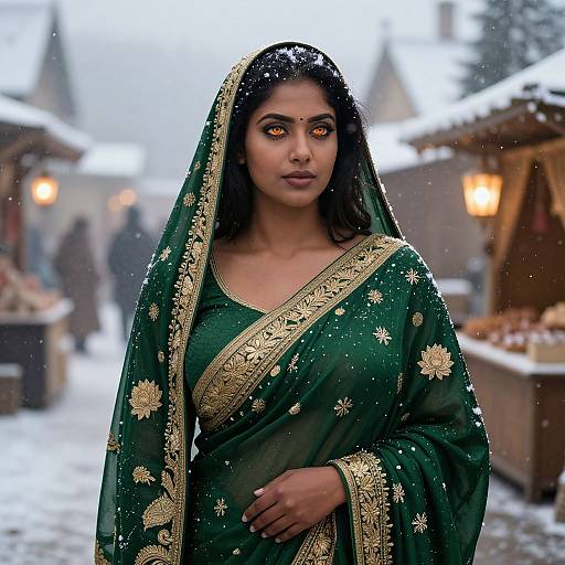Photograph of a beautiful Indian woman with glowing orange eyes, dark hair, wearing a green embroidered saree, standing in a snowy market. Blurred