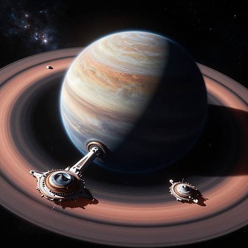 Photograph-style digital art: Two spacecraft orbiting a large, ringed planet with swirling clouds, illuminated by sunlight, in a dark, star-spe