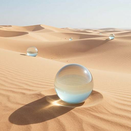 Photograph of clear glass spheres scattered on sunlit, rippled desert sand dunes, casting shadows, with a bright blue sky background.