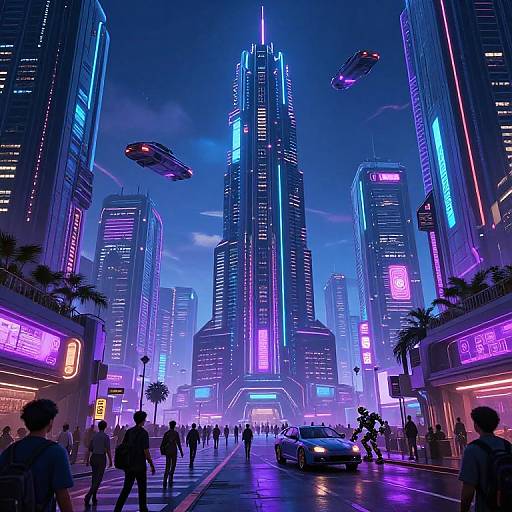 Neon-lit cyberpunk cityscape at night, featuring towering skyscrapers with vibrant blue and purple lights, flying cars, and bustling pedestrians.