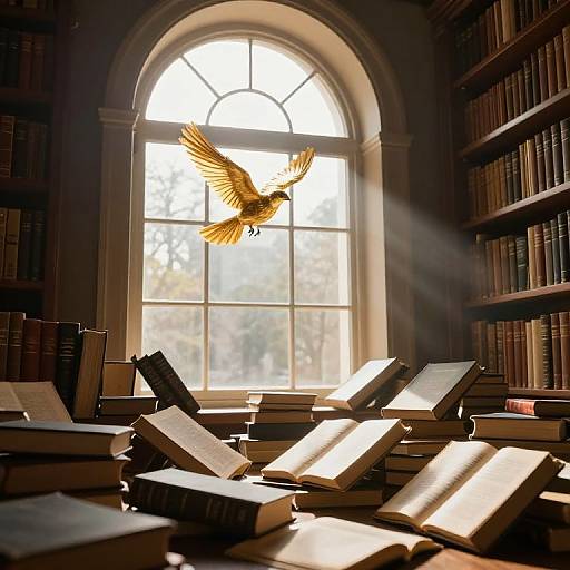 Photograph of a sunlit library with an arched window, books scattered on the floor, and a golden bird in mid-flight.