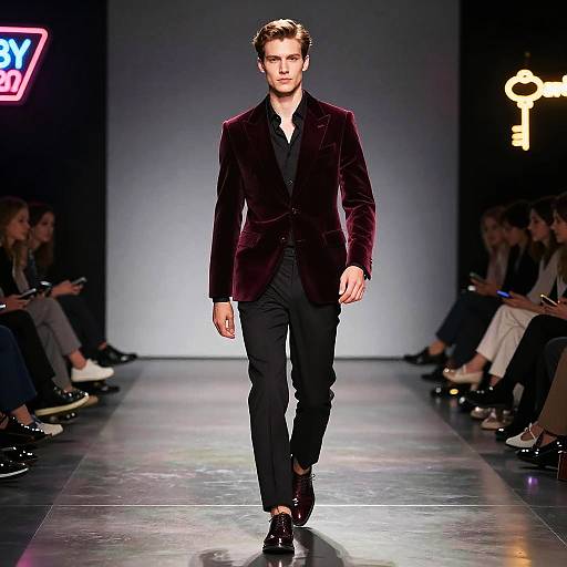 Photograph of a male model walking a runway in a dark purple velvet blazer, black shirt, black pants, and black shoes, with neon lights