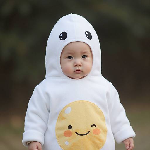 Photograph of a baby in a white, moon-face-themed onesie with black eyes and orange blush, standing outdoors against a blurred green background.