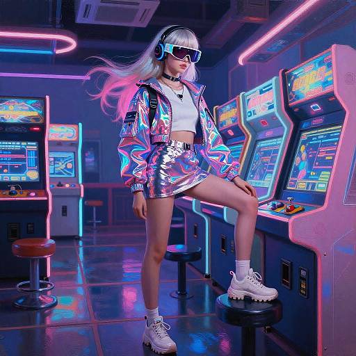 Cyberpunk Teen in Neon Arcade