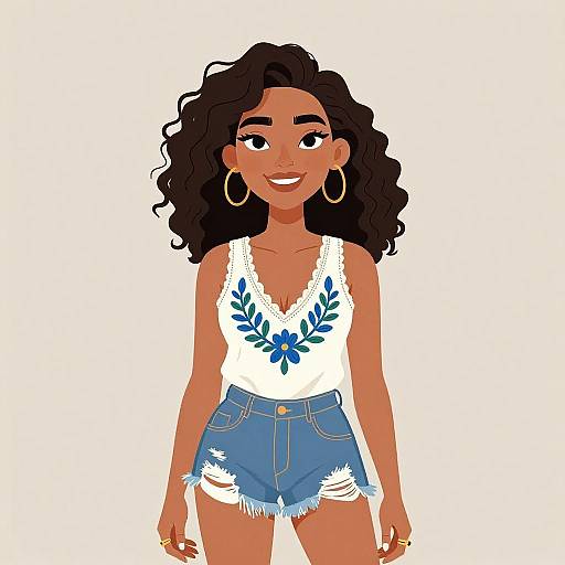 Digital illustration of a smiling, dark-skinned woman with curly black hair, wearing a white floral tank top and frayed blue denim shorts, large hoop