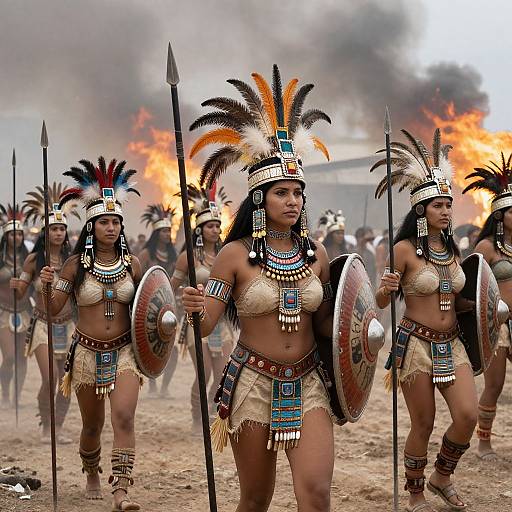 Photograph of Native American warrior women in traditional attire, with feathered headdresses, breastplates, and skirts, holding spears and shields, standing