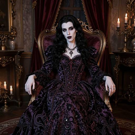 Gothic-style photograph of a pale woman with dark makeup, black lace dress, and ornate chair, surrounded by candles in a dimly lit