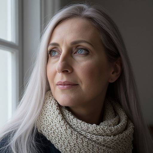 Photograph of a middle-aged woman with long silver hair, blue eyes, wearing a cream knit scarf, looking thoughtfully out a window.