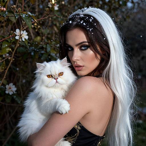 Photograph of a pale-skinned woman with dark eyes, wearing a white and black lace headband, black strapless top, holding a fluffy white