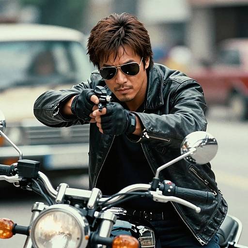 Photograph of a brown-haired man in sunglasses, black leather jacket, and gloves, aiming a handgun while riding a motorcycle on a city street. Bl
