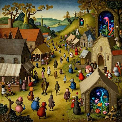 Surreal Medieval Market with Mystical Portals