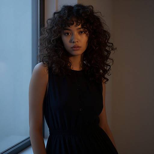 Photograph of a young woman with voluminous curly black hair, wearing a sleeveless black dress, standing near a dimly lit window with blue light