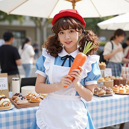 Photograph of an Asian woman in a blue dress, white apron, and red beret, holding a large carrot at an outdoor market stall with