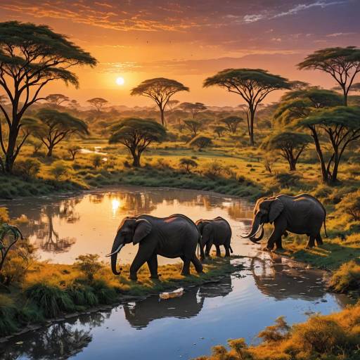 Majestic Elephants in a Sunset Oasis Majestic Elephants in a Sunset Oasis