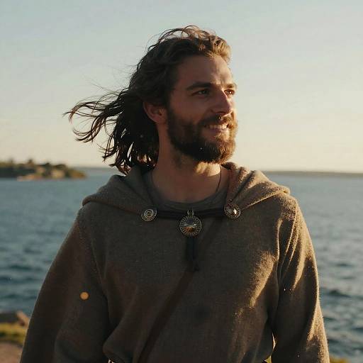Photograph of a bearded man with long, wind-swept brown hair, wearing a brown, hooded, ancient-style tunic, standing