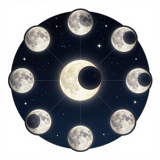 Digital illustration of a circular night sky with a bright full moon at the center, surrounded by seven crescent moons and scattered stars.