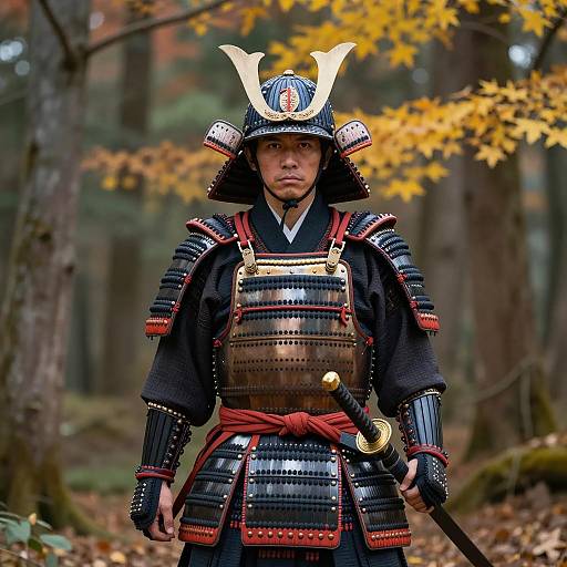Samurai in Traditional Armor Standing in Autumn Forest