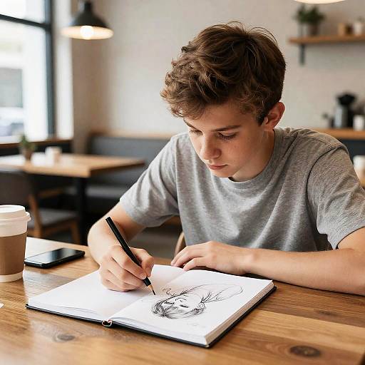 Teenage Boy Sketching in Coffee Shop