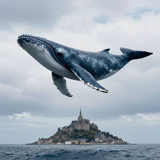 Photograph of a massive blue whale soaring above a small, medieval castle island with a peaked roof, surrounded by calm ocean waters under a cloudy sky.