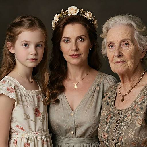 Photograph of three generations: young girl in floral dress, middle-aged woman with floral crown, elderly woman with intricate blouse. Dark background.