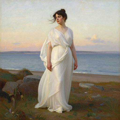 Digital painting of a fair-skinned woman with dark hair in a white, flowing Greek-style dress standing by a tranquil sea at sunset.